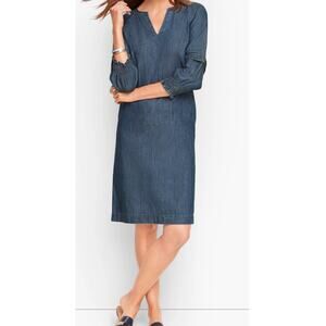 Women's Talbots Blue Denim Shift 3/4 Sleeve Summer Spring Dress Size 8 Petite